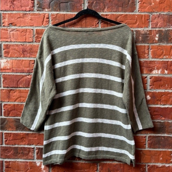 Talbots Womens XL Olive Green Stripe Button 3/4 Sleeve Knit Top Boatneck - Picture 4 of 9